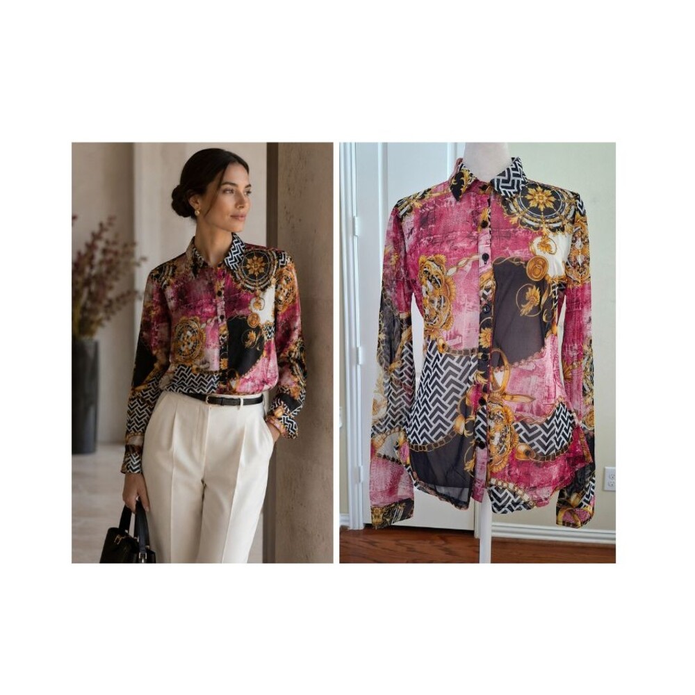 Y2k 90s Style Baroque Print Blouse Sheer Pink Gold Chain Link Button Up Women L